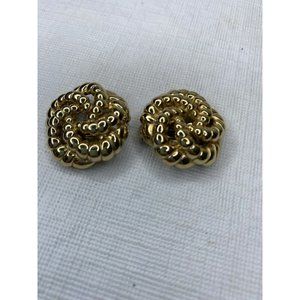 Vintage Signed Trifari Large Gold Tone Clip On Earrings Braided Rope Button